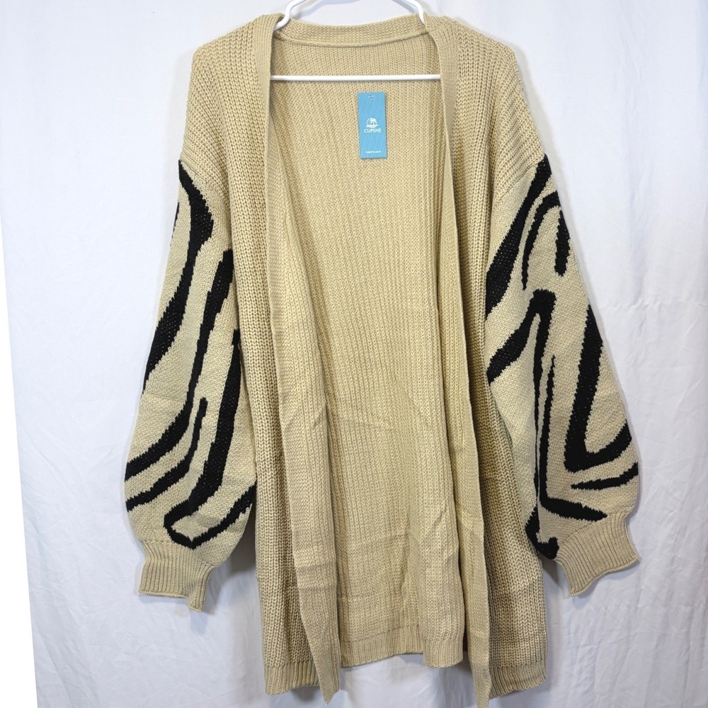 CUPSHE Cardigan Sweater Open Front Beige Black Zebra Print Sleeve Size L